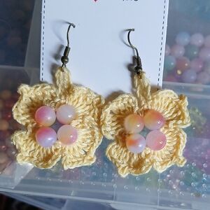 Handmade Yellow Crochet Flower Earrings with Pastel Beads